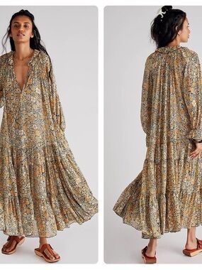 Free People Floral Tiered Maxi Dress in Mustard and Olive